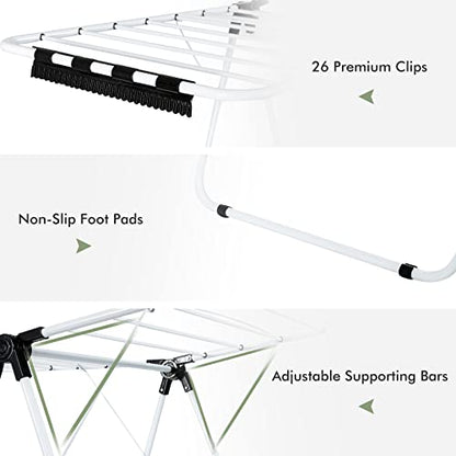 GOFLAME 2-Tier Clothes Drying Rack, Folding Laundry Dry Rack with Adjustable Supporting Bar, 26 Premium Clips, Space-Saving & Collapsible Laundry Hanger for Easy Storage, No Assembly Needed - size: 60.5” x 22” x 35.5”