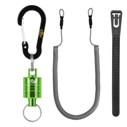SF Strongest Magnetic Net Release Magnetic Keychain Fly Fishing Net Retractor Magnet Clip Holder Retractor with Retractable Coiled Lanyard Carabiner - color: Green Magnet+ Black Aluminum Alloy Hook