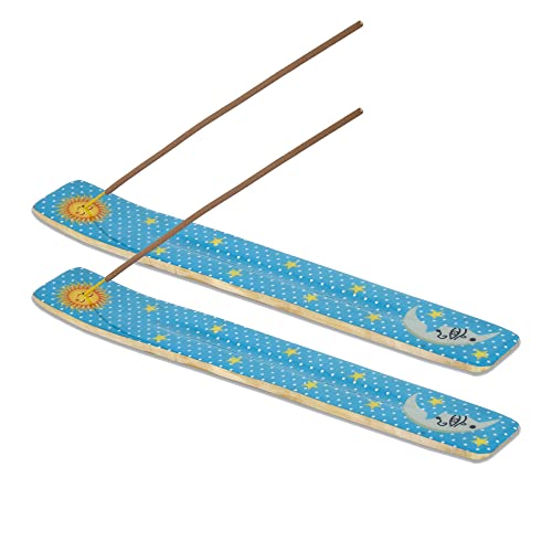 Bless-International Traditional-Handmade-Burner Wooden-Incense-Stick-Holder Ash-Catcher-Stand for-Aromatherapy-Meditation-Yoga (Moon & Stars) 10 Inches, Pack of 2 - color: Moon & Stars,10 Inch, size: Two Holders