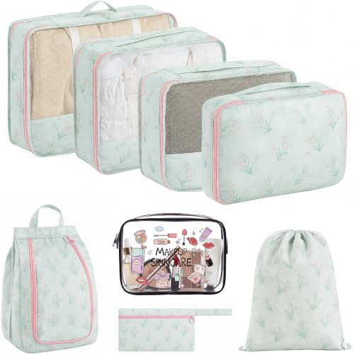 8 Set Packing Cubes for Travel, Durable Luggage Packing Organizers, Carry-On Accessories, TSA Approved See-Through Cubes, Space-Saving Storage Bags, Gifts for Women (Tiffany Blue Flower) - color: Tiffany Blue Flower