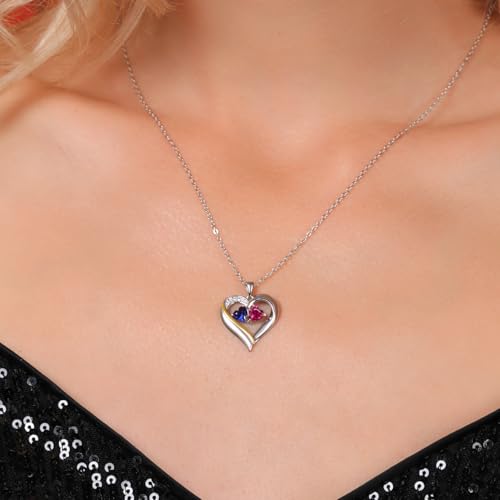 Gem Stone King 2-Heart Couple Name Engraved Pendant Necklace For Women | 925 Sterling Silver & 10K Yellow Gold | Customized and Personalized | Gemstone Birthstone & Lab Grown Diamond | 18 Inch Chain
