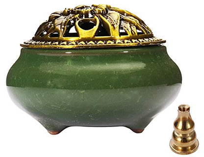 Miupoo Stick Incense Burner and Cone Incense Holder with Brass Incense Stick Holder Ceramic Ash Catcher (Dark Green) - color: Dark Green