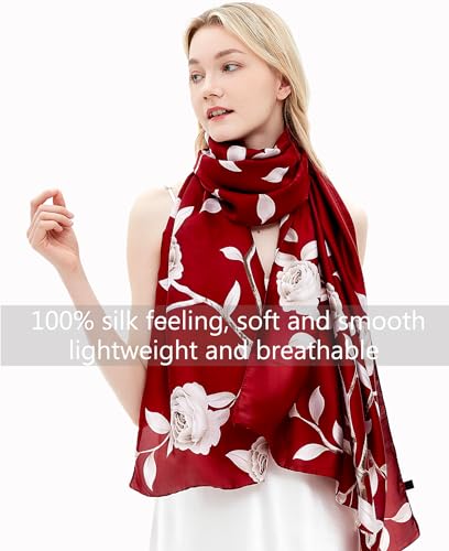 Women Silk Scarves Long Satin Lightweight Outdoor Shawl Wraps Printed Head Scarf 70''X35'' - color: 107-red