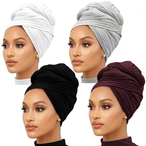 Nonbongoy Head Wraps for Black Women 71"x32" Long Soft Jersey Hijab Turban - color: 4- Black, White, Coffee, Light Gray