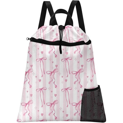 Pink Ribbon Bow Drawstring Backpack, 15” x 17” Waterproof Swim Bag for Beach Swimming Pool, Lightweight Foldable Gym Bag with Water Bottle Holder for Sports Travel - color: Pink Bows Stripes