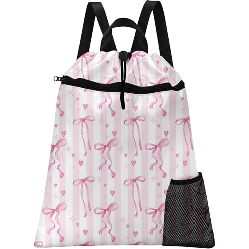 Pink Ribbon Bow Drawstring Backpack, 15” x 17” Waterproof Swim Bag for Beach Swimming Pool, Lightweight Foldable Gym Bag with Water Bottle Holder for Sports Travel - color: Pink Bows Stripes