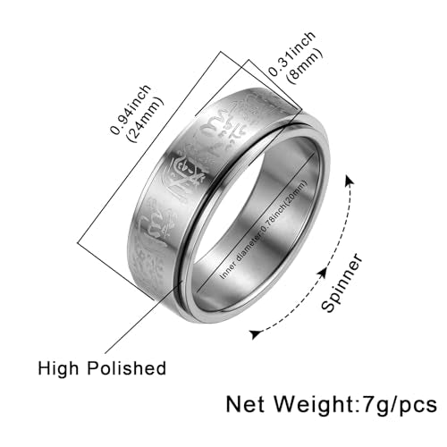 Hipunk Stainless Steel Islamic Muslim Shahada Ring - Mohammad Arabic Letter Rings Band Prayer Religious Calligraphy Ayatul Kursi Allah Rings Eid Ramadan for Men Women Size 9-12 - color: Rotatable-steel