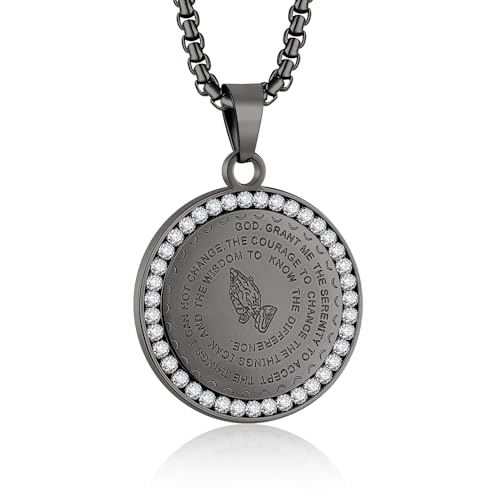 Serenity Prayer Necklace Praying Hands Coin Pendant for Men Women - color: D:Black