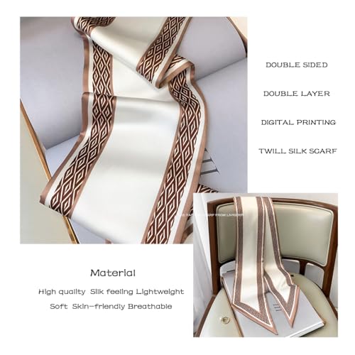 Silk Feeling Head Scarf Fashion Satin Hair Scarf Square Long Scarves for Women Gifts - color: 02 Coffee White 5.12 X 59 Inch