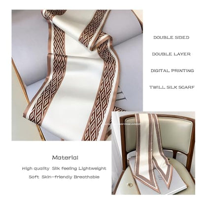Silk Feeling Head Scarf Fashion Satin Hair Scarf Square Long Scarves for Women Gifts - color: 02 Coffee White 5.12 X 59 Inch