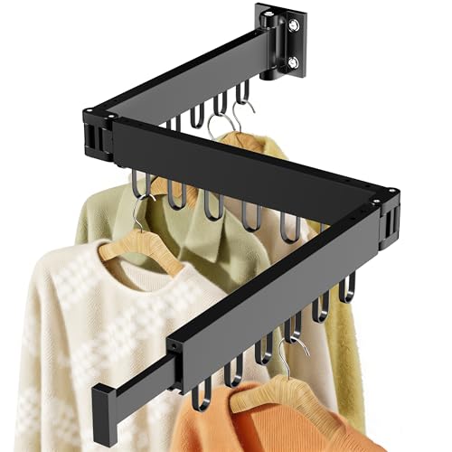 JAUREE Clothes Drying Rack Wall Mounted, Space-Saving Drying Rack Clothing, Collapsible Foldable Retractable Laundry Rack with 18 Hooks, Indoor/Outdoor, Black - color: Black