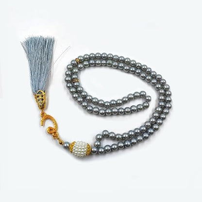 BAYKUL Muslim Prayer Beads 99, Islamic Rosary with Silver Allah Muhammad Engraved Tasbih, Zikr Namaz Worship Ramadan Tesbih Bracelet - color: Grey Pearl