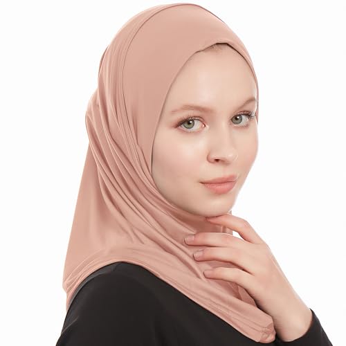 Plain Ready To Wear Amira Hijab for Women - Muslim Instant Amira Jersey Scarf – Soft Muslim One Piece Instant Hijab Headscarf - color: Light Brown