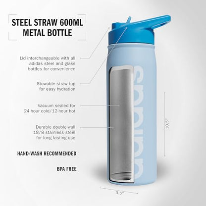adidas Stainless Steel Metal Water Bottle 20 oz (600 mL) Straw Lid - color: Clear Sky Blue/Pulse Blue/White