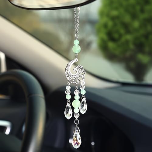 Car Rear View Mirror Accessories Car Hanging Ornament, Wave Boho Rearview Decor Charm Green Jade Crystal Beads Unique Cute Swinging Interior Handmade Decor for Women Men - color: Wave