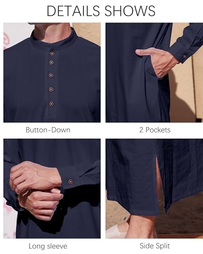 YAOHUOLE Muslim Thobe for Men Button down Mens Caftans Big and Tall Mens Arab Thobe with Pocket - color: Dark Blue, size: Large