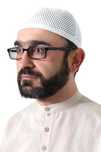 ihvan online Turkish Muslim Premium Knitting Kufi Hats for Men, Taqiya, Takke, Peci, Islamic Caps Gifts, Standart Size - color: White 2