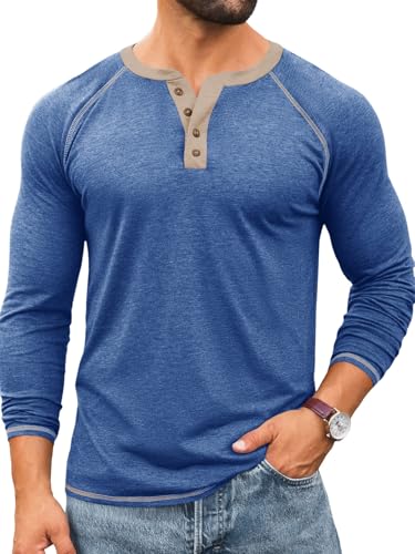 Yousify Mens Henley Shirts Long Sleeve Tops - color: Blue, size: Large
