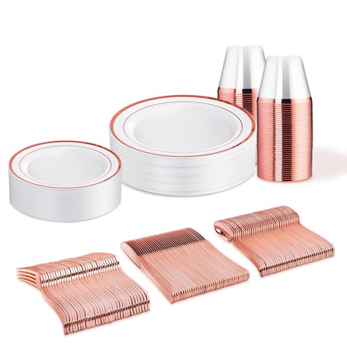 WELLIFE Rose Gold Plates, 150 PCS Disposable Dinnerware Set for 25 Guests - color: Rose Gold, size: 25 Guests