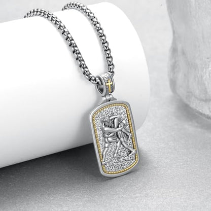 Western Catus/Knights Templar/St Michael/Santa Muerte/Praying Hand/Spartan/Virgin Mary/Tetragrammaton/Wrestlers/Allah Necklace Sterling Silver Dog Tag Necklace Christian Jewelry Gifts for Men - style: Wrestlers