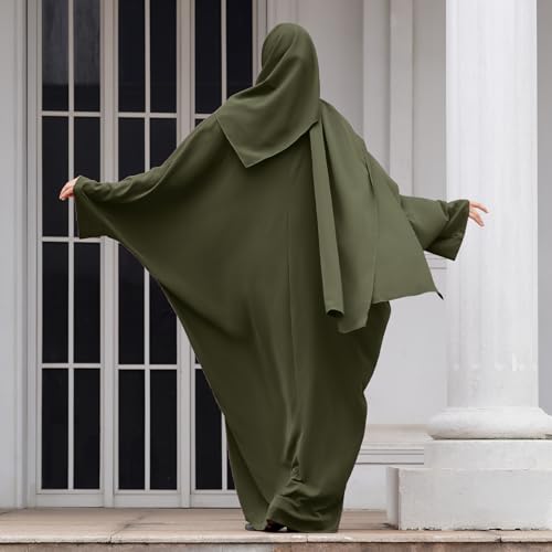 IDOPIP Abayas for Women Muslim Dress with Hijab, One-Piece Long Sleeve Islamic Prayer Dress with Khimar Jilbab Kaftan Clothes - color: Army Green + Hijab