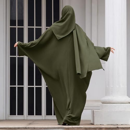 IDOPIP Abayas for Women Muslim Dress with Hijab, One-Piece Long Sleeve Islamic Prayer Dress with Khimar Jilbab Kaftan Clothes - color: Army Green + Hijab