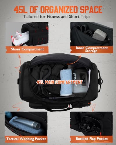 Gonex 45L Tactical Duffel Bag, 3-in-1 Convertible Carry-On Gym Bag for Men with Red Zipper Pull, Shoe Compartment, Gear Loops, Water-Repellent Travel Bag (Black with Red Accents) - color: Black with Red Accents, size: 45L