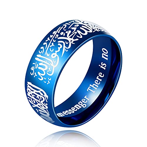 Uloveido Muslim Mohammad Arabic Letter Shahada Rings Gold Color Stainless Steel 8mm Wide Band Religious Allah Rings for Men and Women Y543 - color: Blue