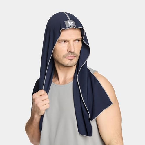 MISSION Cooling Hoodie Towel, Evaporative Cool Technology, Cools Instantly When Wet, UPF 50 Sun Protection, Contours Your Head to Stay in Place, Great for Sports, Fitness, Gym - color: Navy Blue