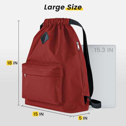 Vorspack Drawstring Backpack Water Resistant String Bag Sports Gym Sack with Side Pocket for Men Women - color: Red