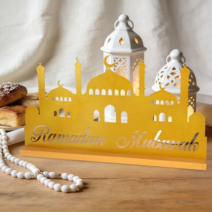 Ramadan Decorations for Home Eid Metal Table Sign Ramadan Mubarak Centerpiece for Tables Muslim Golden Palace Tabletop for Islamic Mosque Party Gift Tiered Tray Office Desk Shelf Indoor Hollow Letters