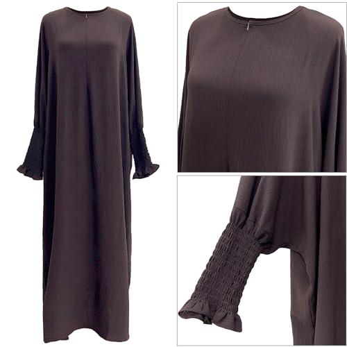 khalat Womens Muslim Prayer Dress Front Zipper Kaftan Islamic Robe Modest Solid Abayas for Women Muslim - color: Dark Coffee