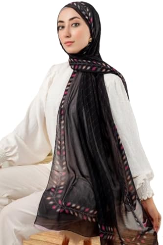 Hijab Modest and Elegant | Beautifully Designed Printed Chiffon Patterns | Muslim Women Head Scarf and Veil - color: Black P
