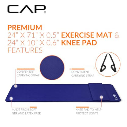 CAP Barbell 1/2-Inch High Density Exercise Yoga Mat with Strap | Multiple Options - color: Blue, style: Yoga Mat w/Knee Pad