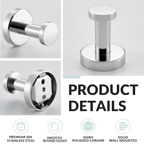 APLusee Polished Chrome Bathroom Towel Hooks 2 Pack, 304 Stainless Steel Round Robe Hooks for Bathroom Kitchen Garage, Heavy Duty Wall Mounted Towel Hanger - color: Polished Chrome, size: 2 Pack