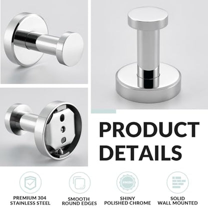 APLusee Polished Chrome Bathroom Towel Hooks 2 Pack, 304 Stainless Steel Round Robe Hooks for Bathroom Kitchen Garage, Heavy Duty Wall Mounted Towel Hanger - color: Polished Chrome, size: 2 Pack