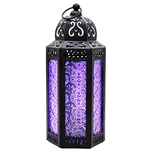 CVHOMEDECO. Decorative Candle Lantern Moroccan Lanterns Vintage Black Metal Lantern Holder for Home Patio Outdoor Decor. Purple Glass, Medium - color: Purple