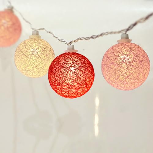 Red Pink and White Cotton Ball String Lights, 8.5Ft Valentine’s Day Decorative Fairy Lights Plug in with 10 Colorful Lantern, Hanging Cotton Globe Lights for Bedroom Wedding Party Home Birthday Decor - color: Cotton Ball