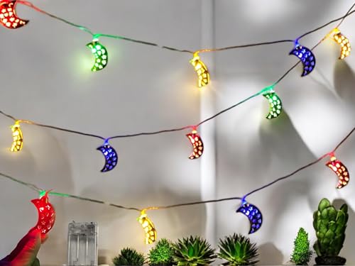 House Warming & Ramadan String Lights Bundle - 2 Sets of 10pc/Set Gold Crescent Indoor Decor, Bright Multi-Color LED Moon Lights Battery-Operated 5~6ft Long (20 Total - 2xCrescent LED) - color: 2xCrescent LED