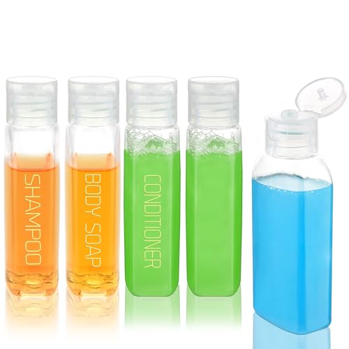 Cosywell Travel Bottles for Toiletries Plastic Squeeze Bottles 5pcs 2 oz TSA Approved Travel Size Containers Refillable Cosmetic Containers Kit Leak proof Shampoo Conditioner Travel Essentials - color: 2oz Clear - 3 Labeled 2 Blank
