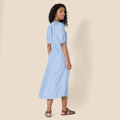 Amazon Essentials Women's Relaxed Fit Half-Sleeve Breathable Button Front Drawstring Waist Midi A-Line Dress with Pockets - color: French Blue/White Stripe, size: XX-Large