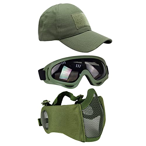Airsoft Mask with Goggles, Foldable Half Face Airsoft Mesh Mask with Ear Protection for Paintball Shooting Cosplay CS Game - color: ArmyGreen-3pcs, size: 3pcs