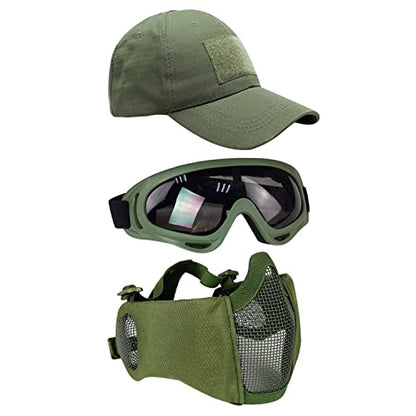 Airsoft Mask with Goggles, Foldable Half Face Airsoft Mesh Mask with Ear Protection for Paintball Shooting Cosplay CS Game - color: ArmyGreen-3pcs, size: 3pcs