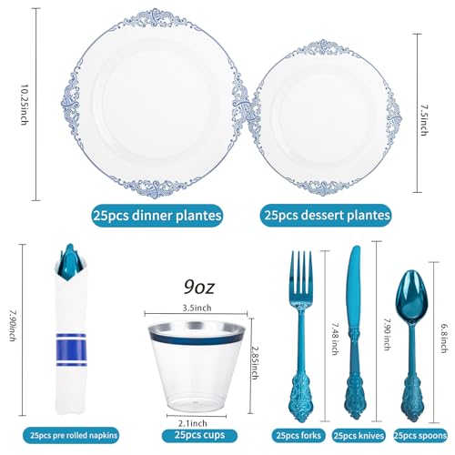 Hioasis 175pcs Clear and Blue Plates - Blue Party Plates for 25 Guest, Include 50 Heavy-duty Plates(20% Thicker Than Standard), 25 Pre Rolled Gold Plastic Silverware Set, 25 Cups for Graduation - color: Clear and Blue