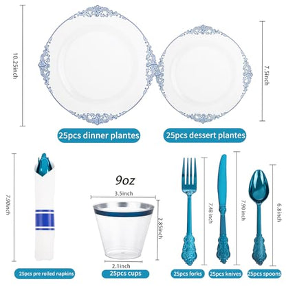 Hioasis 175pcs Clear and Blue Plates - Blue Party Plates for 25 Guest, Include 50 Heavy-duty Plates(20% Thicker Than Standard), 25 Pre Rolled Gold Plastic Silverware Set, 25 Cups for Graduation - color: Clear and Blue