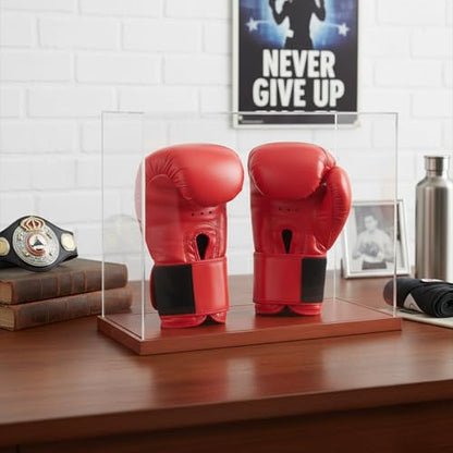Boxing Glove Display Case 2 Glove - No Assembly Acrylic Clear Showcase with Wood Base - 2 Glove Holder - UV Protection Souvenirs and Collectibles Box