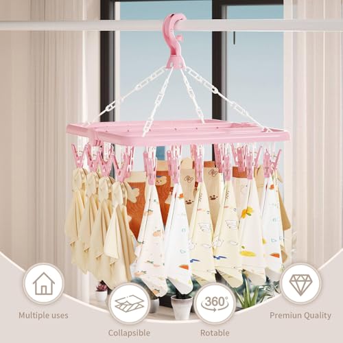 Laundry Drying Rack with 32 Clips, Foldable, Light Pink - color: Light Pink