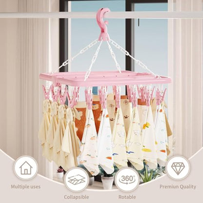Laundry Drying Rack with 32 Clips, Foldable, Light Pink - color: Light Pink