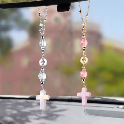 2 Pcs Cross Car Hanging Charms Cute Healing Stone Rear View Mirror Accessories Boho Handmade Sun Catcher Ornament Decor Crystal Protection Gift for Women