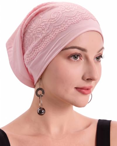 ZLYC Hijab Cap for Muslim Women Soft Stretchy Open-Back Inner Undercap - color: Lace Solid Pink
